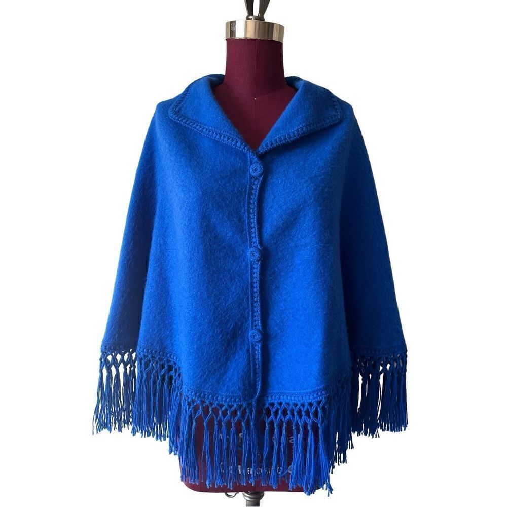Alpaca Connection Poncho Fringes‎ Blue button Front Alpaca Blend